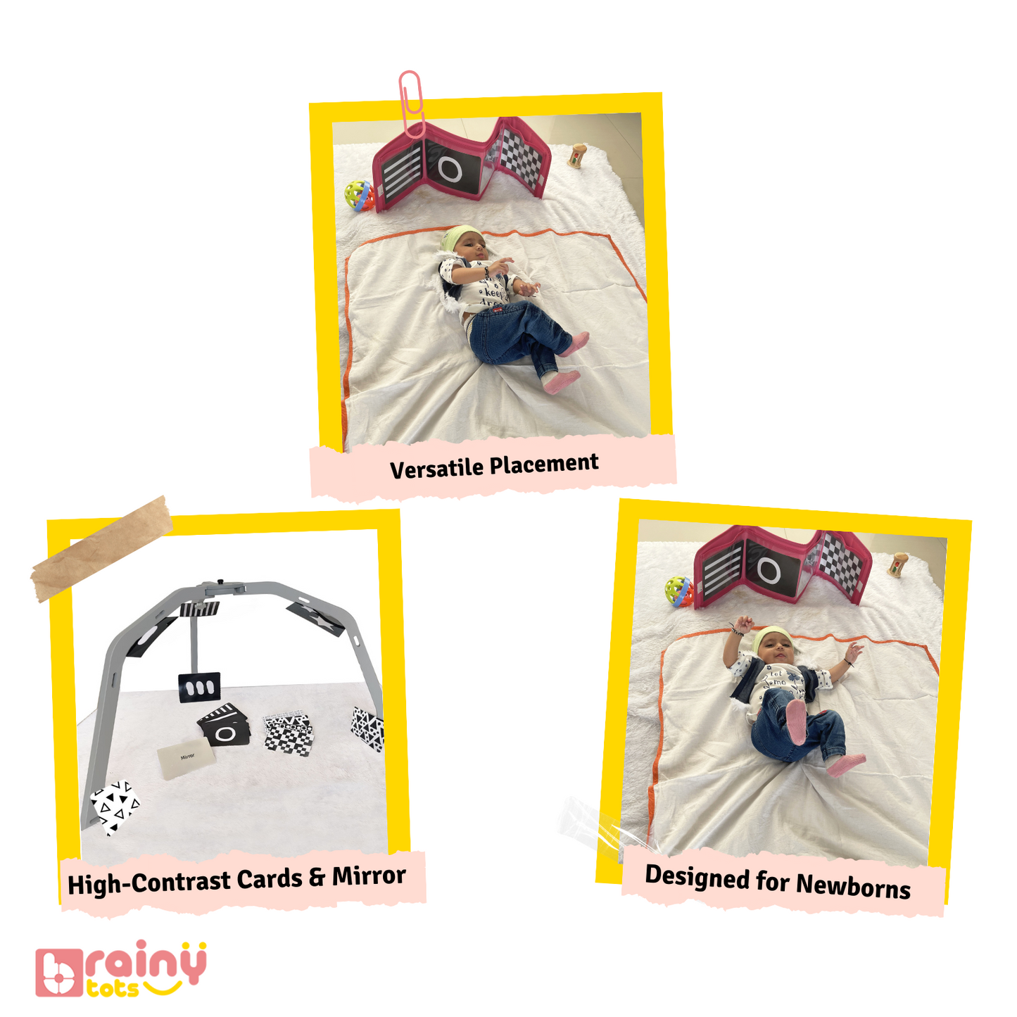 Features of our Flashcard Displayer, an educational tool for babies aged 0-6 months. Safe, durable, and designed for early learning in a Montessori environment. Ideal for visual and cognitive development.