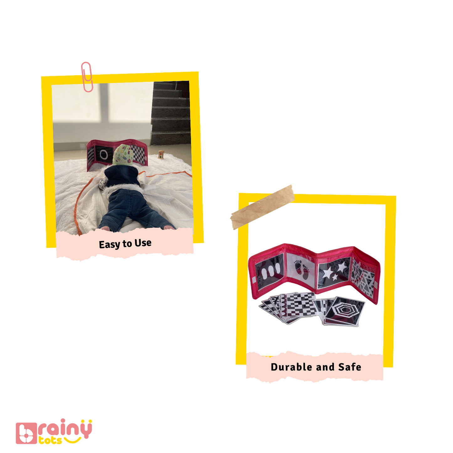 Features of our Flashcard Displayer, an educational tool for babies aged 0-6 months. Safe, durable, and designed for early learning in a Montessori environment. Ideal for visual and cognitive development.