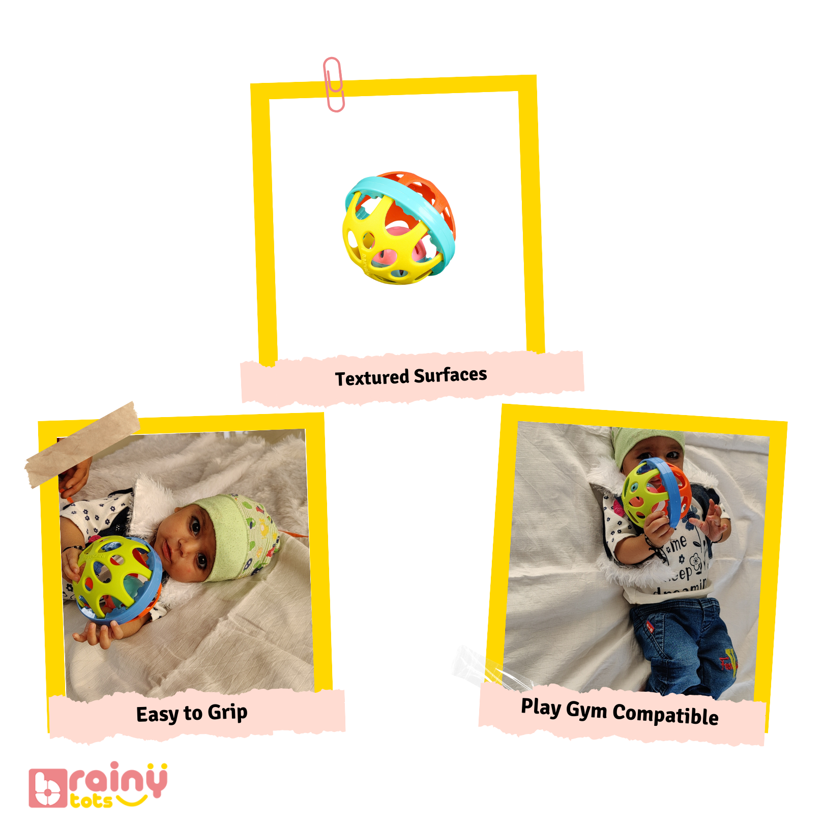 Discover the O Ball's exciting features:  - Unique design for easy gripping - Stimulates senses and promotes coordination - Compatible with play gyms - Encourages fine motor skills  Explore Brainytots for more details on this engaging toy.