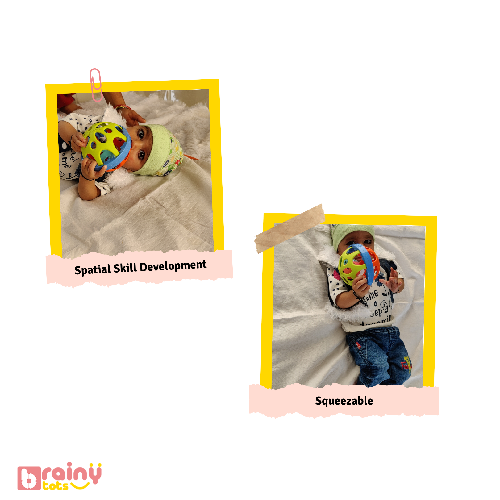 Discover the O Ball's exciting features:  - Unique design for easy gripping - Stimulates senses and promotes coordination - Compatible with play gyms - Encourages fine motor skills  Explore Brainytots for more details on this engaging toy.