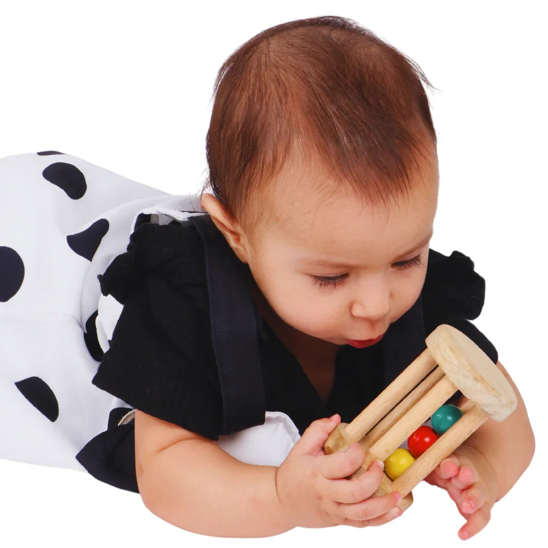 Neem Wood Rolling Drum Rattle | Newborn Baby Rattle for Tummy Time & Crawling | 2-18 Months