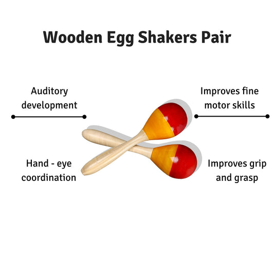 Discover the benefits of our Wooden Egg Shakers Pair in this image, highlighting how they promote rhythmic skills and sensory development through engaging, hands-on play for young children.