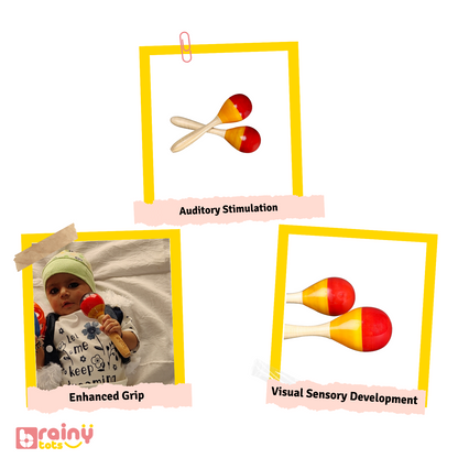 View the features of our Wooden Egg Shakers Pair in this image, showcasing their ergonomic design and durable wood construction, ideal for stimulating sensory and auditory development in children.