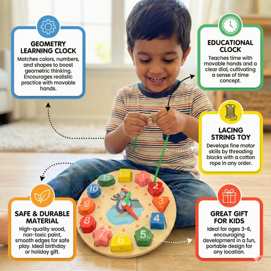 Child playing with the BrainyTots 4-in-1 Montessori Wooden Learning Clock, exploring time-telling, number recognition, shape sorting, color matching, and lacing while developing fine motor skills, hand-eye coordination, problem-solving, and early cognitive development through hands-on play.