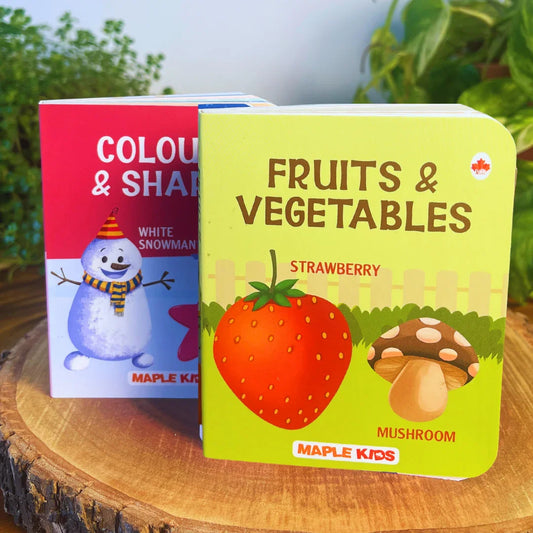 BrainyTots Alphabet & Number Board Book collection shown alongside Fruits & Vegetables and Colours & Shapes board books, featuring high-contrast colorful illustrations that support early vocabulary, letter recognition, counting practice, and language development for babies aged 3+ months.