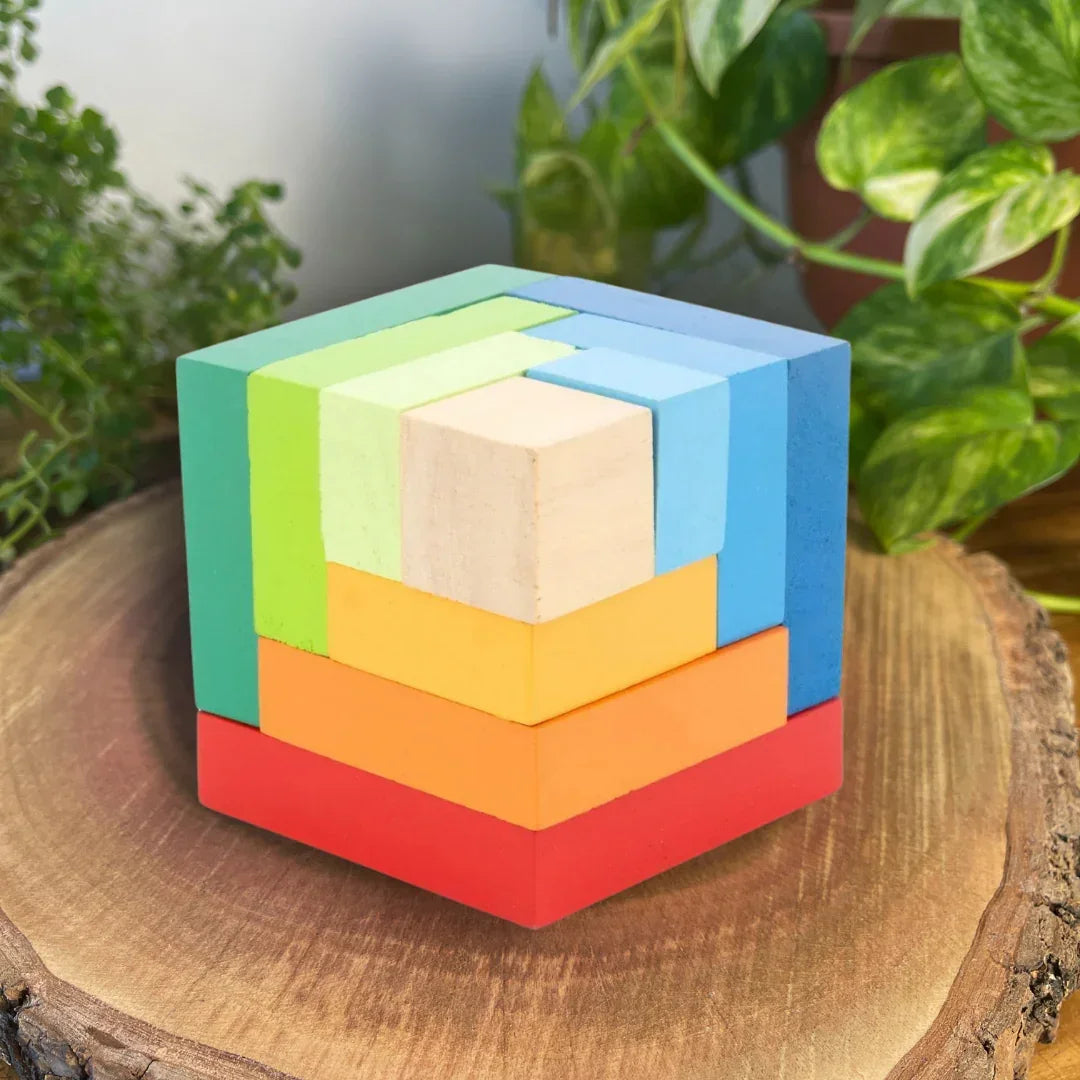 BrainyTots Wooden Cube Puzzle for kids aged 24+ months. Montessori wooden building blocks that improve spatial awareness, logical thinking, fine motor skills, creativity, problem-solving, and hand-eye coordination while encouraging open-ended construction play.