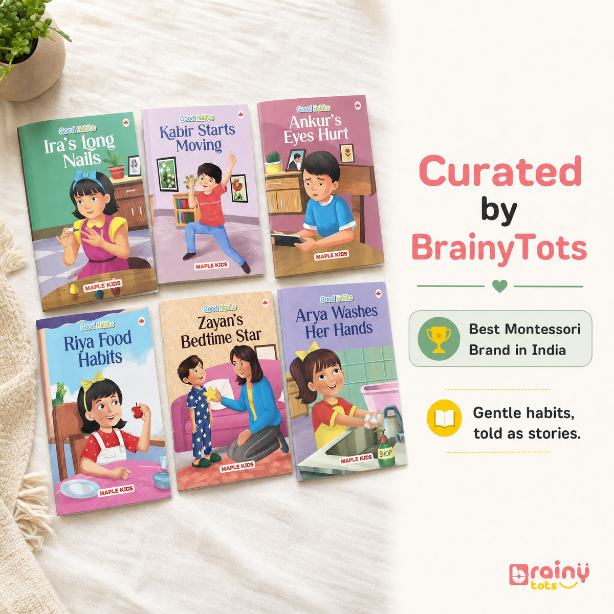 BrainyTots Good Habits board book collection featuring six illustrated stories and a curated early-learning reading experience.