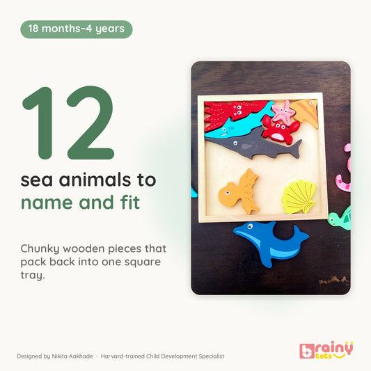BrainyTots Montessori Sea Animals Square Puzzle- 12 miniature ocean animals · spatial reasoning · pretend play · wooden puzzle tray