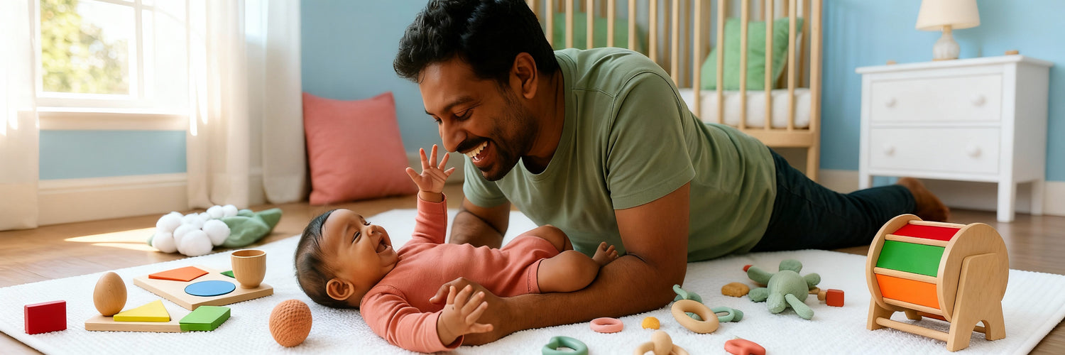 Parent and baby playing together in warm, natural setting