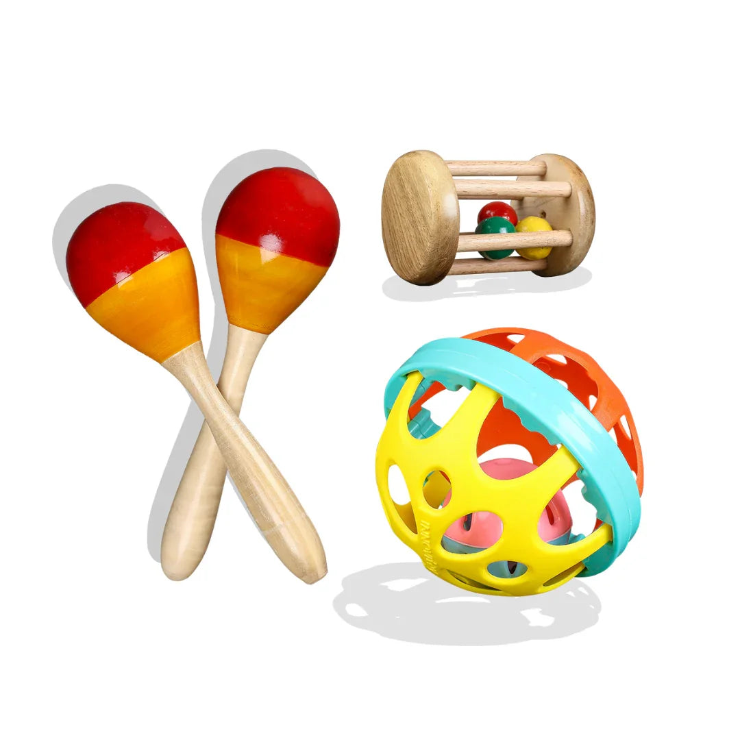 First Rattles Combo | Wooden Baby Toys 0-12 Months | Neem Wood Sensory Set