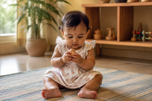 Indian baby about eight months old sitting on a floor mat holding a small plain wooden toy in both hands