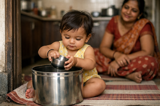 12 month old Indian baby sitting on the floor dropping steel katoris into a large steel dabba while her mother watches