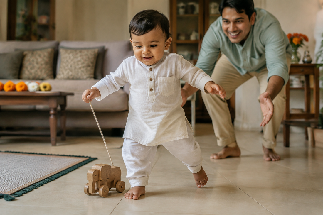 Indian baby boy about 12 months old taking wobbly steps across a living room floor pulling a small wooden toy on a string