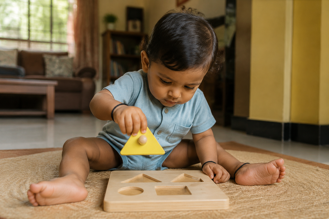 Indian toddler about one year old holding a knobbed yellow triangle piece above a wooden shape puzzle board on a floor mat