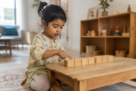 3 year old Indian child counting plain wooden number blocks at a low table