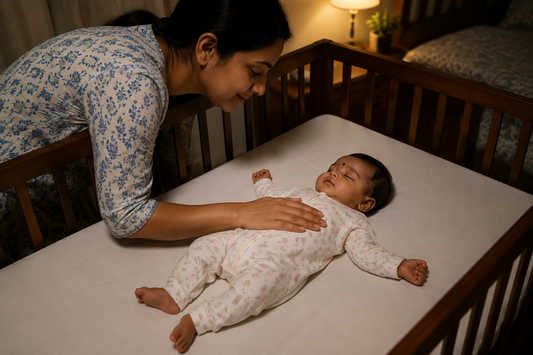 6 month old baby asleep on her back on a bare firm cot mattress with her mother's hand resting gently on her chest