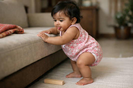 Indian baby about 9 months old pulling herself up to stand at a low sofa with both feet flat on the floor