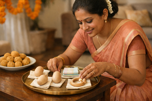 Indian woman arranging small wooden rattles and cloth books as baby shower return gifts on a tray at a godh bharai