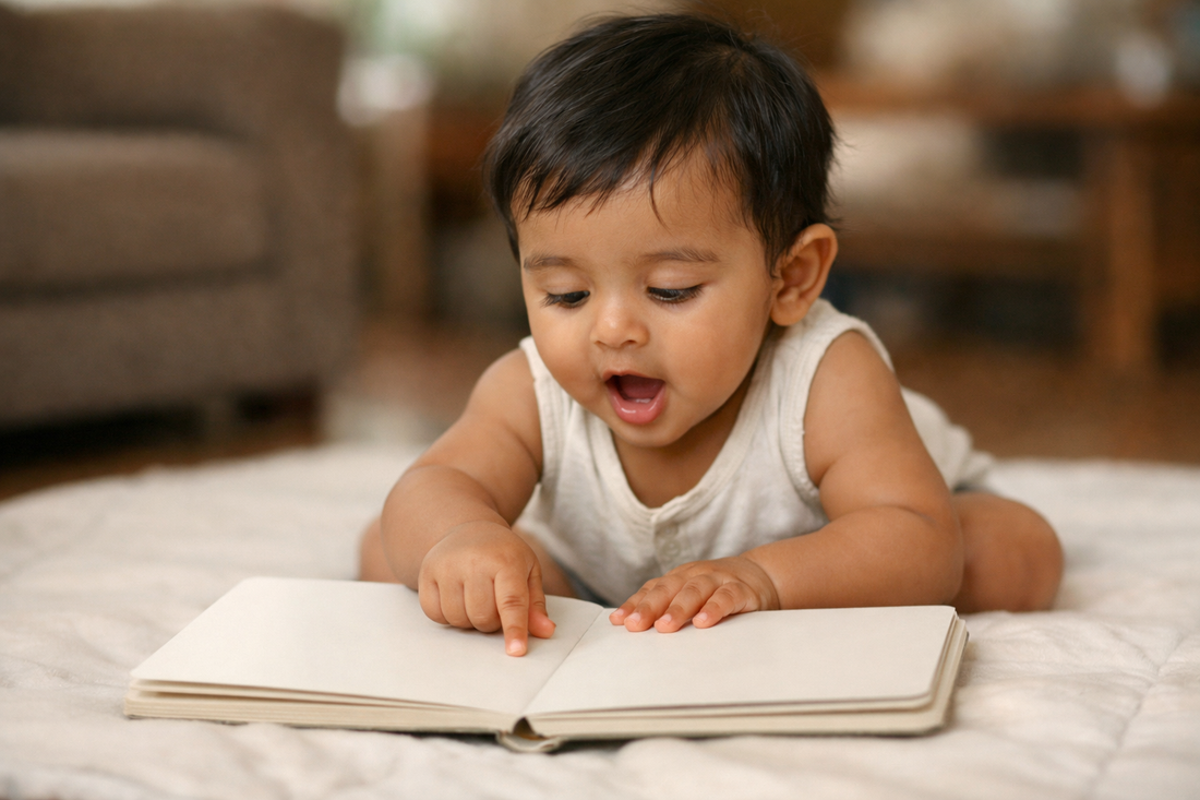 1 year old Indian baby pointing at a picture in an open board book on the floor