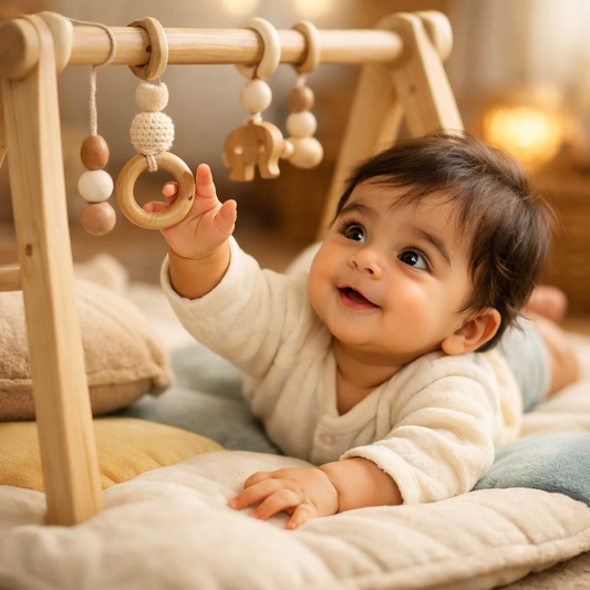 Wooden Play Gym for Babies (0–12 Months): Benefits, Setup, Hanging Toys & Safety (India)