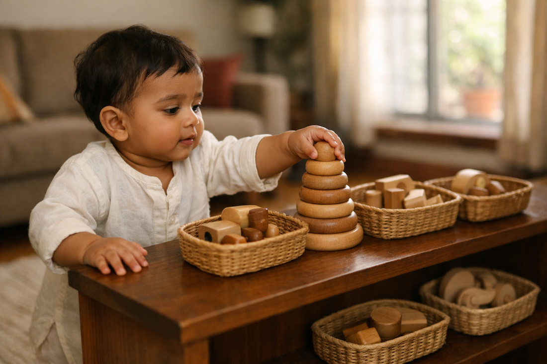 One year old Indian toddler choosing a plain wooden toy from a low open shelf at home