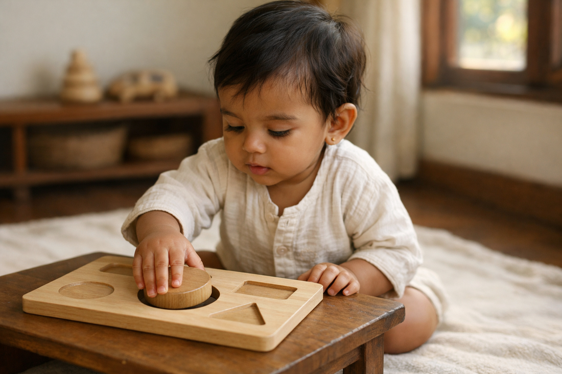 One year old Indian toddler kneeling at a low table pushing a wooden shape into a shape puzzle board