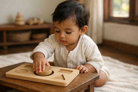 One year old Indian toddler kneeling at a low table pushing a wooden shape into a shape puzzle board