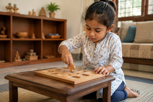 3 year old Indian child kneeling at a low table placing a wooden puzzle piece into a board