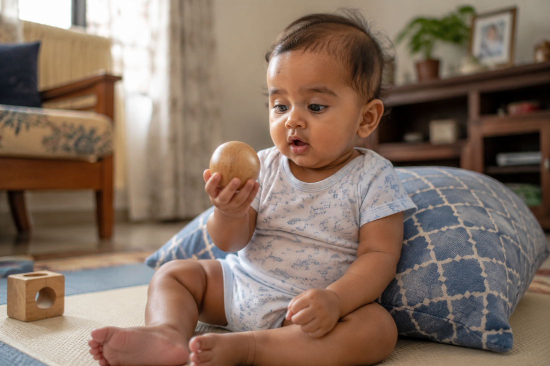 7 month old Indian baby sitting with support and dropping a wooden ball into a box