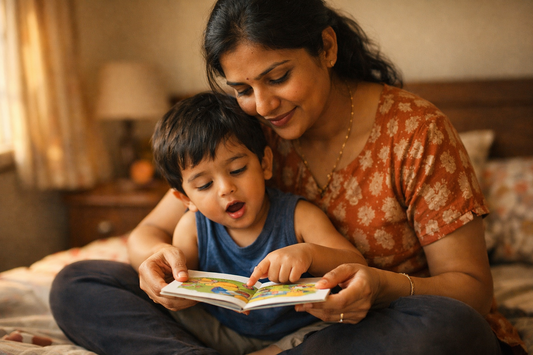Indian mother reading a picture story book with her 3 year old sitting in her lap at home