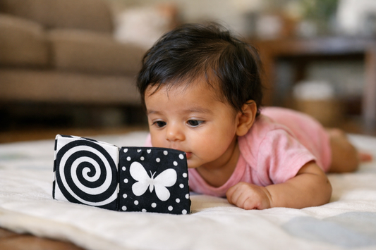 Baby on tummy time looking at an open black and white high contrast cloth book