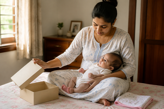 Indian mother opening a newborn gift box on a bed beside her two month old baby