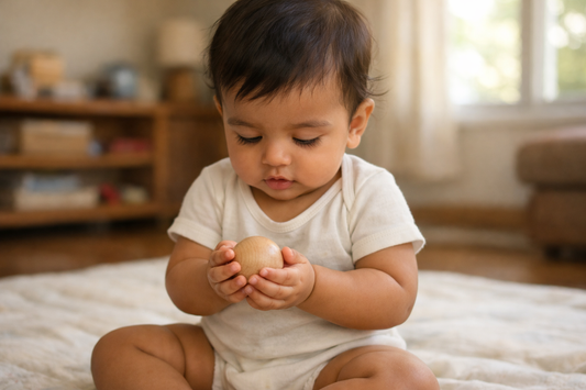 8 month old Indian baby sitting on a play mat holding a plain wooden ball in both hands and studying it closely