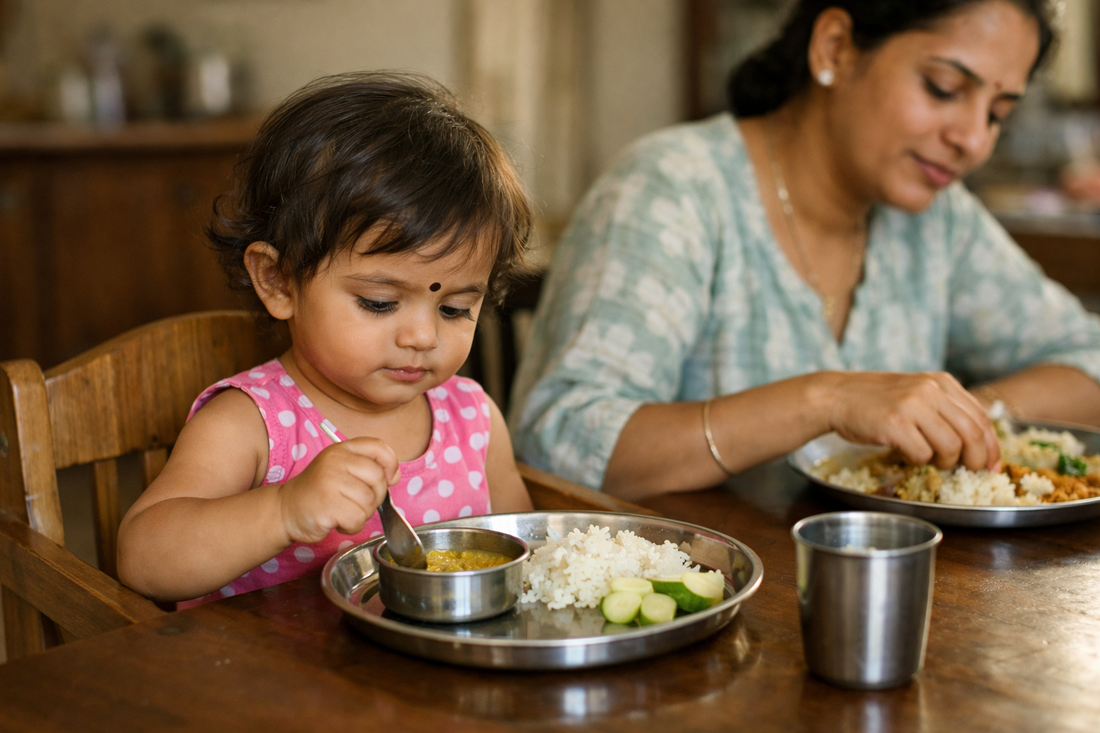 Indian toddler about 2 years old sitting at the family dining table with a small steel thali, holding her own spoon, while her mother eats her own meal beside her