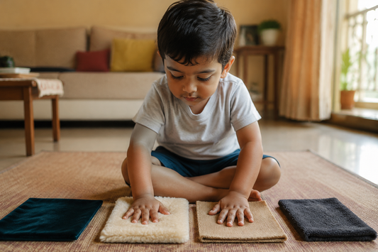 Indian toddler pressing both palms onto squares of different fabric textures laid out on a floor mat