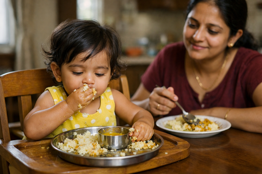 18 month old Indian toddler eating rice and dal with her hands from a small steel thali at a low table, no phone in sight