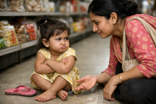 Indian mother crouching calmly at eye level with her crying 2 year old toddler in a shop aisle during a tantrum
