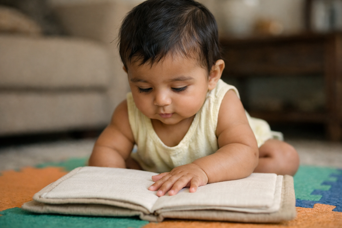 Indian baby touching the textured page of a fabric baby book during floor play