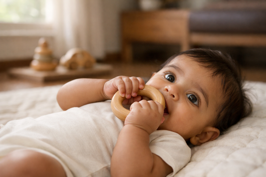 Six month old Indian baby lying on a play mat holding a plain wooden ring teether to the mouth with both hands