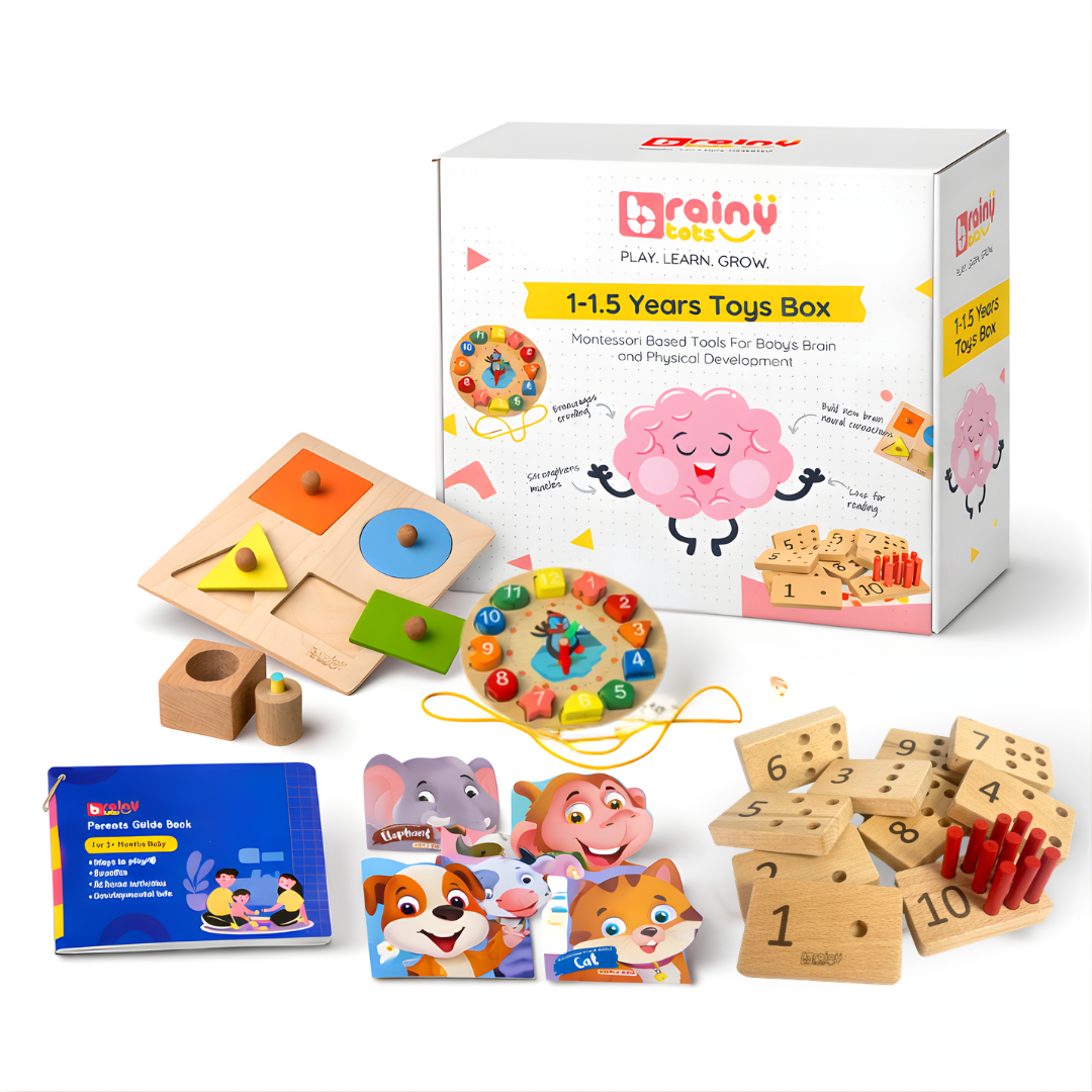 Gifts for a 1 year old: the BrainyTots 1 to 1.5 years toy box with a shape puzzle, number pegs, lacing clock, board books and a parents' guide