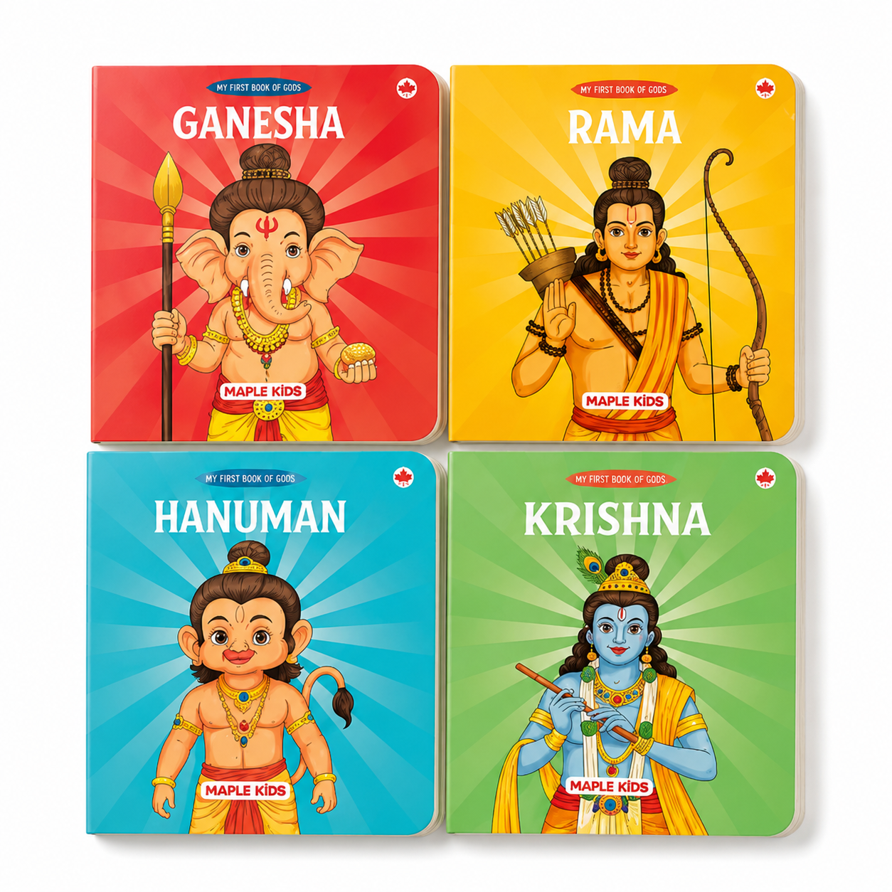 Montessori board books for toddlers aged 12–18 months featuring Ganesha, Rama, Hanuman and Krishna to support early language development and learning.
