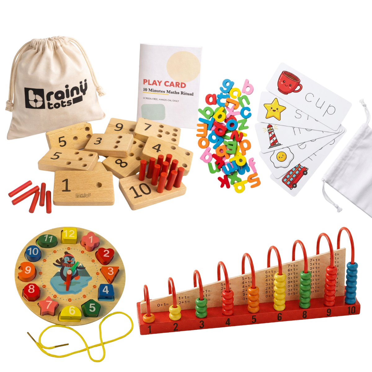 Learning toys for 4 to 6 year olds: BrainyTots Preschool Math and Letters Combo with counting abacus, numbers peg board, sorting clock and wooden spelling game.