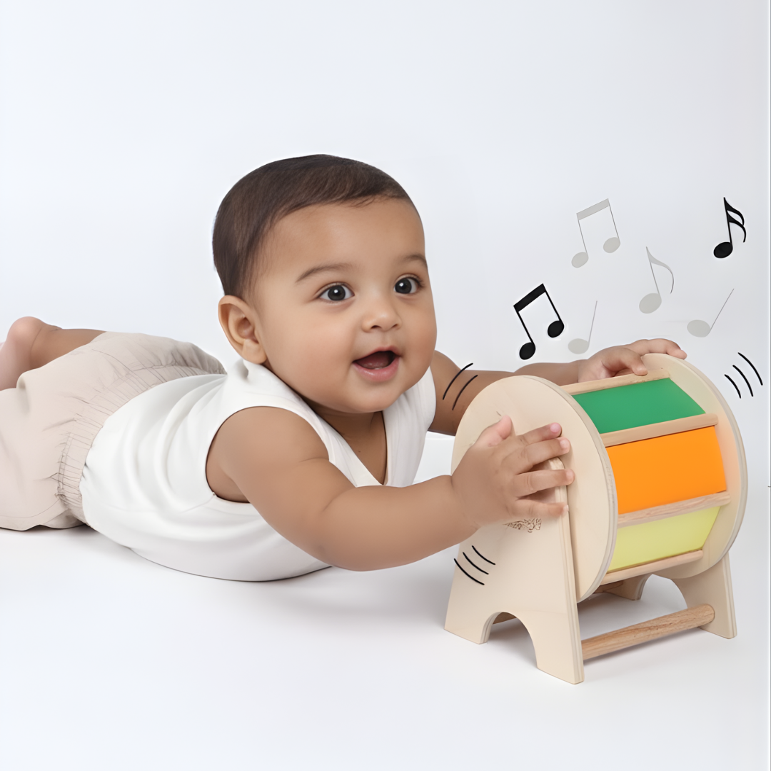 Baby playing with a wooden Montessori toy during tummy time