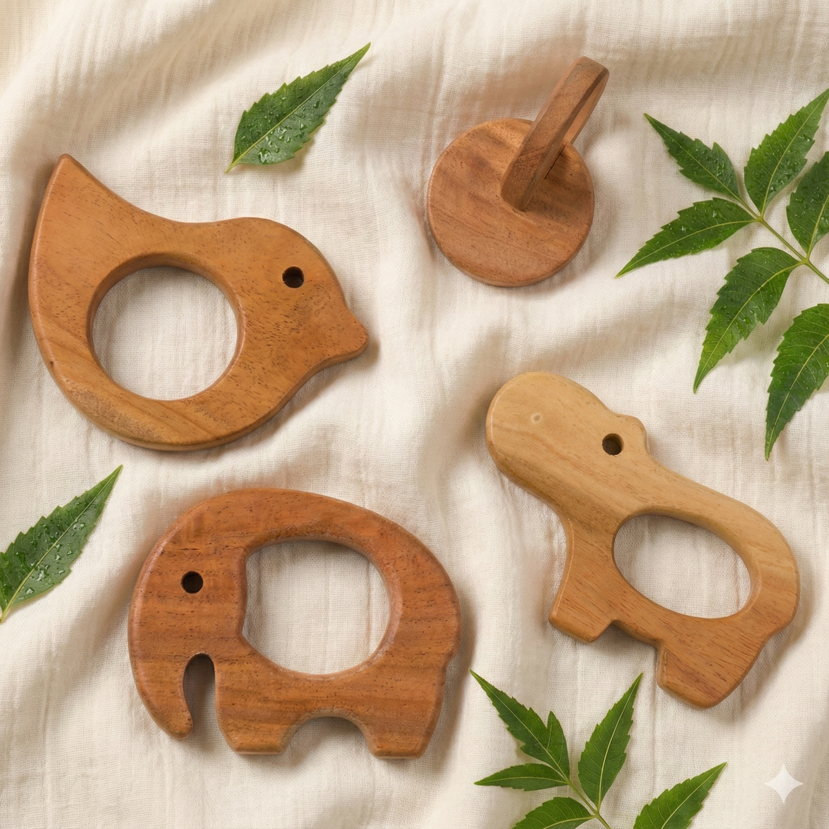 BrainyTots Neem Wood Teether Set featuring four baby-safe wooden teethers designed to soothe teething gums, encourage hand-to-hand transfer, develop fine motor skills, and support Montessori-inspired sensory play for babies.