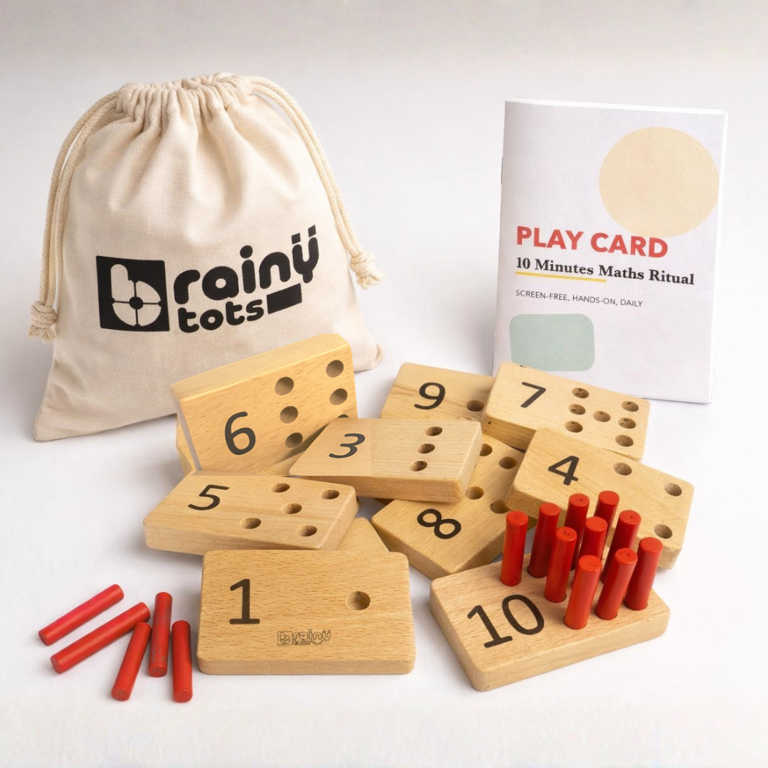 Gifts for a 2 year old: the BrainyTots counting peg board set with ten wooden number boards, matching pegs, a cotton bag and a play card