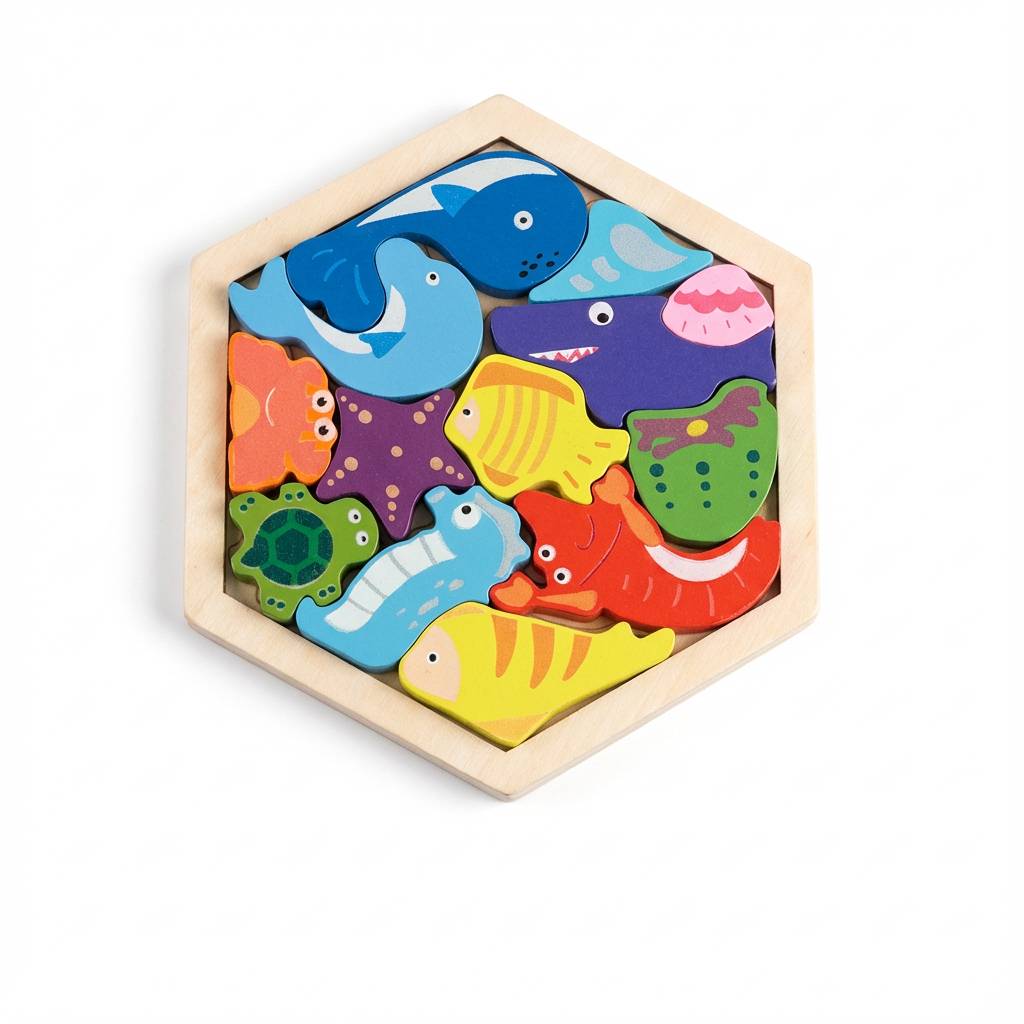 Hexagonal wooden puzzle with colorful animal shapes on a white background