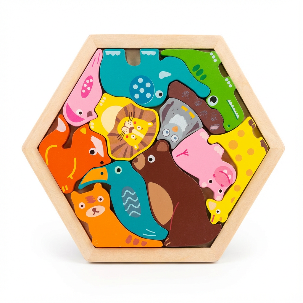 Hexagonal wooden puzzle with colorful animal illustrations on a white background