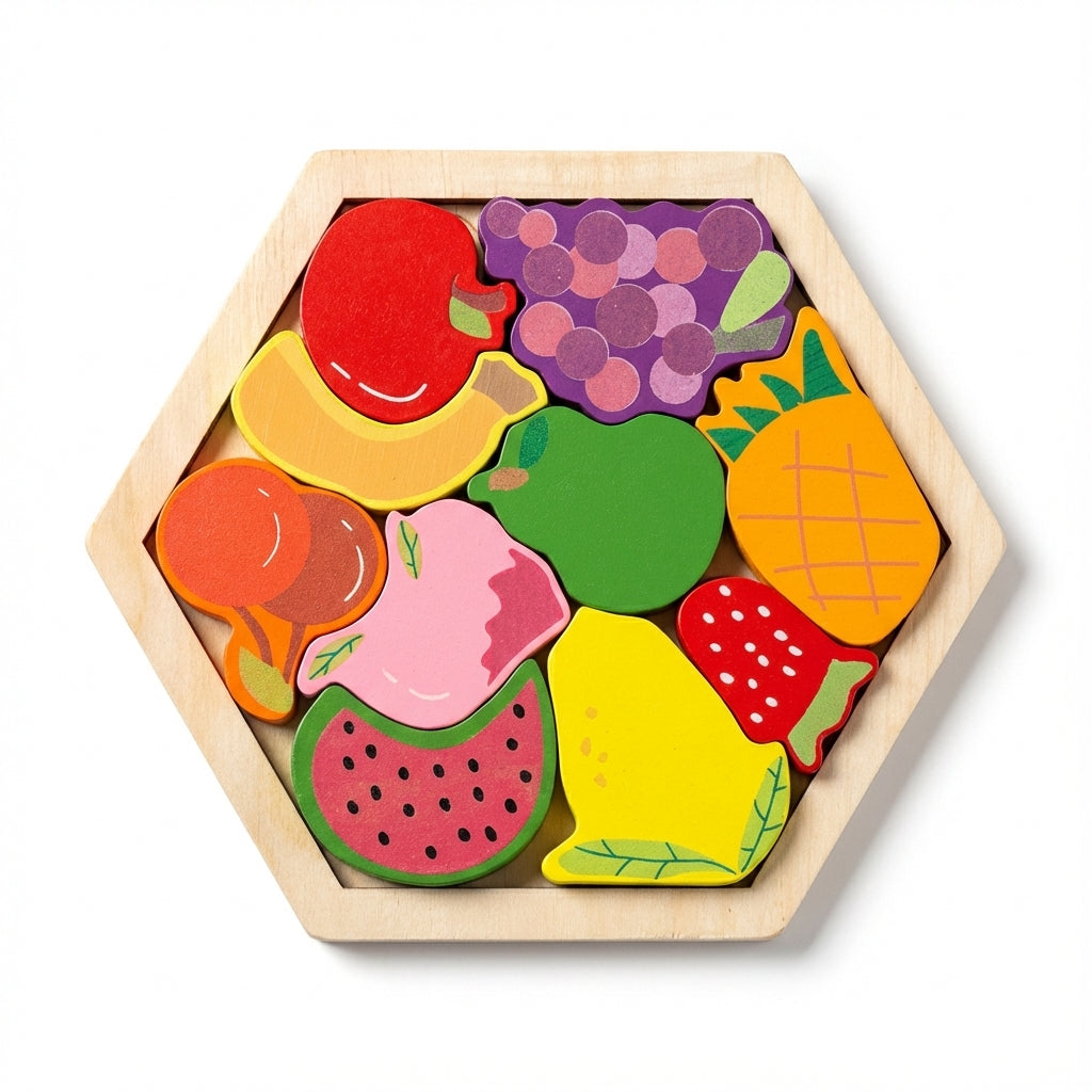Hexagonal wooden puzzle with colorful fruit-shaped pieces on a white background
