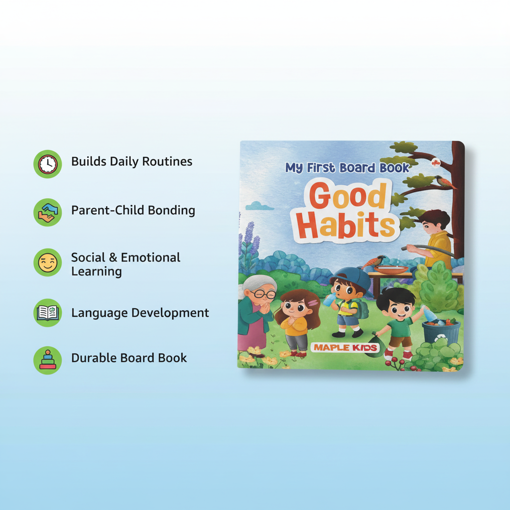 Children's book titled 'Good Habits' by Maple Kids on a light blue background with listed benefits.