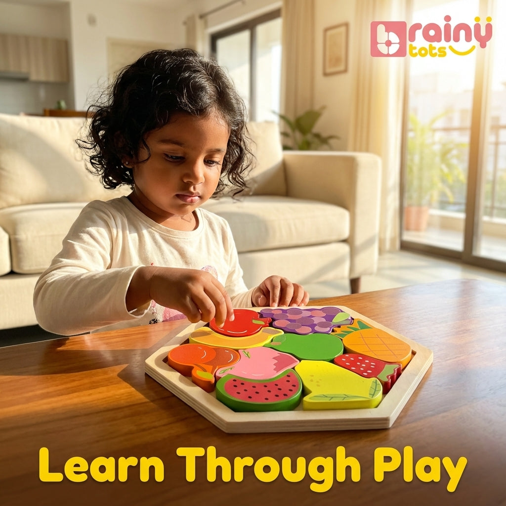 Child playing with a colorful wooden puzzle in a living room, with 'rainy tots' branding.